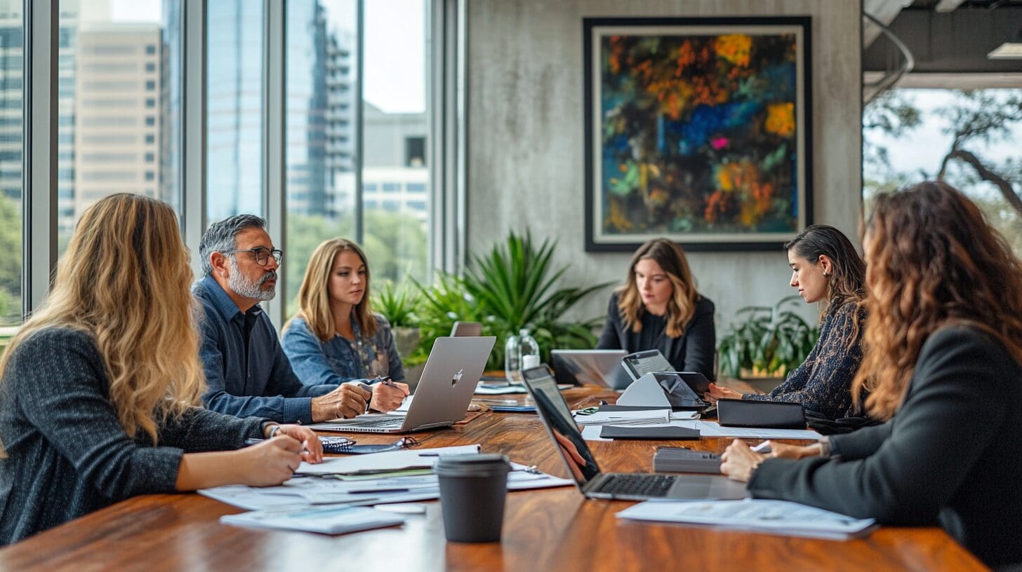 Advantage Insurance Brokerage of Texas_Team_of_business_professionals_reviewing_paperwork_large_office Advantage Insurance Brokage of Texas, Texas insurance broker, Personalized insurance coverage