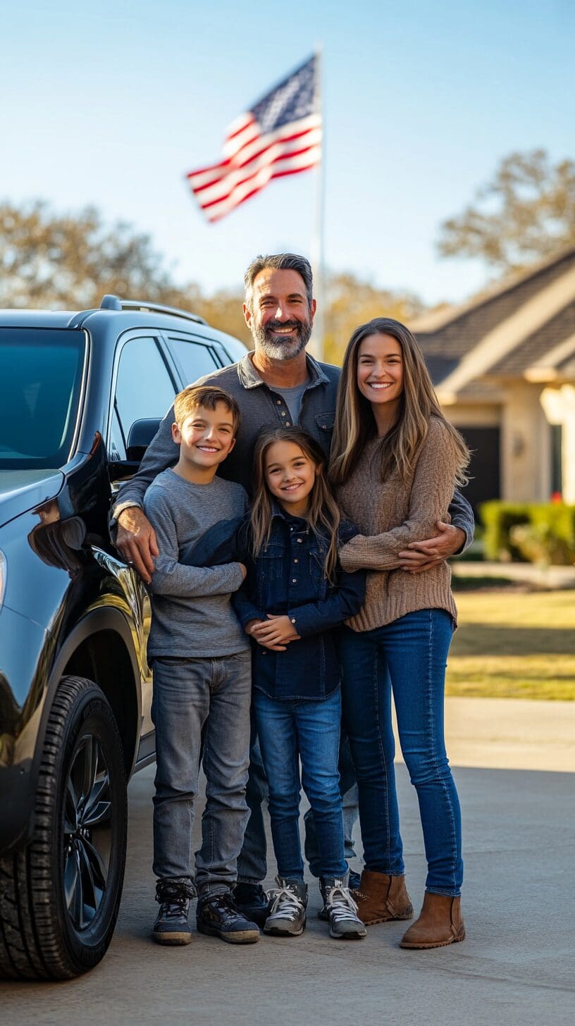 advantageinsurancebrokageoftexas_Texas_family_of_four_proudly_standing Smiling Texas family next to their SUV with a suburban neighborhood in the background